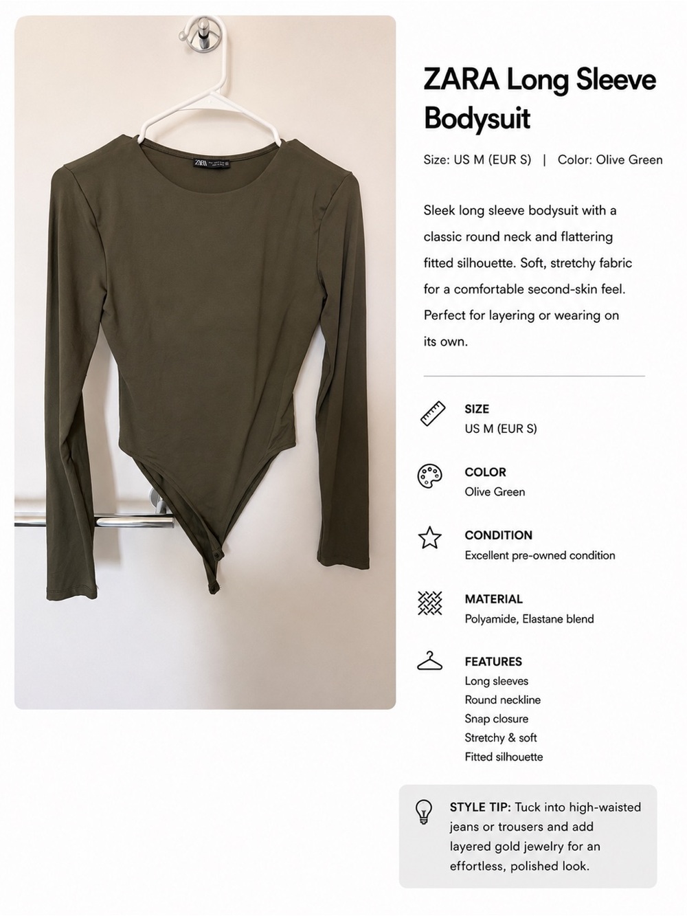 ZARA Olive Green Long-Sleeve Crew Neck Bodysuit